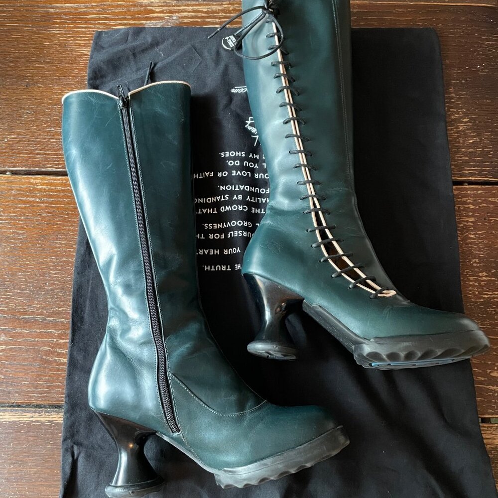 LAST Fluevog Mini Sugar Knee High Lace Up Boot Size 6.5 Blue Leather Corset Goth